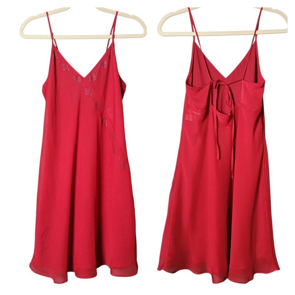 VTG Valerie Stevens Y2K 90s Red Vneck Chiffon Chemise Lingerie Cami Slip Dress S